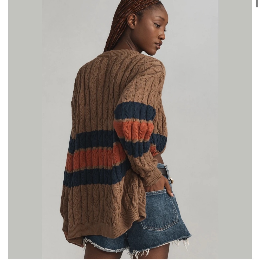 Conditions Apply Stripe Cable Cardigan Knit Sweater Brown Anthropologie S M - Picture 3 of 7